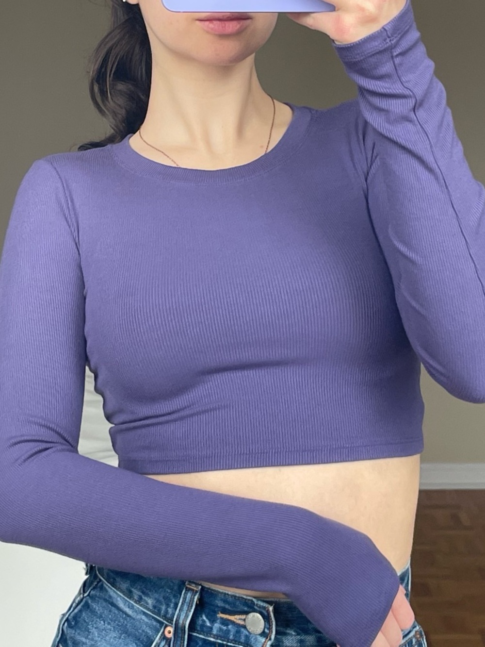 Aritzia Purple Ribbed Long-Sleeve Crop Top